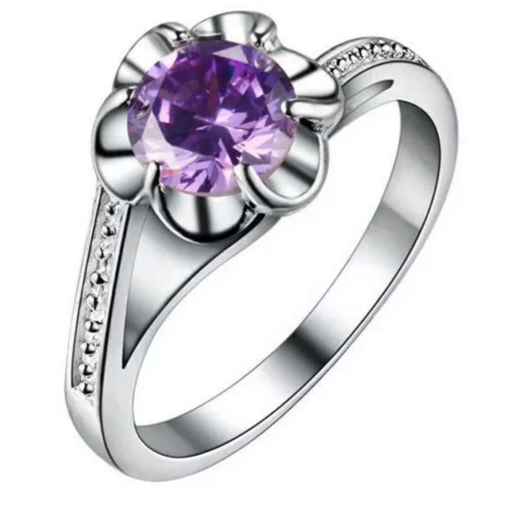 Purple flower gem silver ring size 6